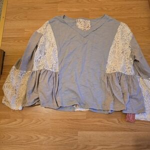 SHEIN Blue and Cream Lace Sleeve Blouse